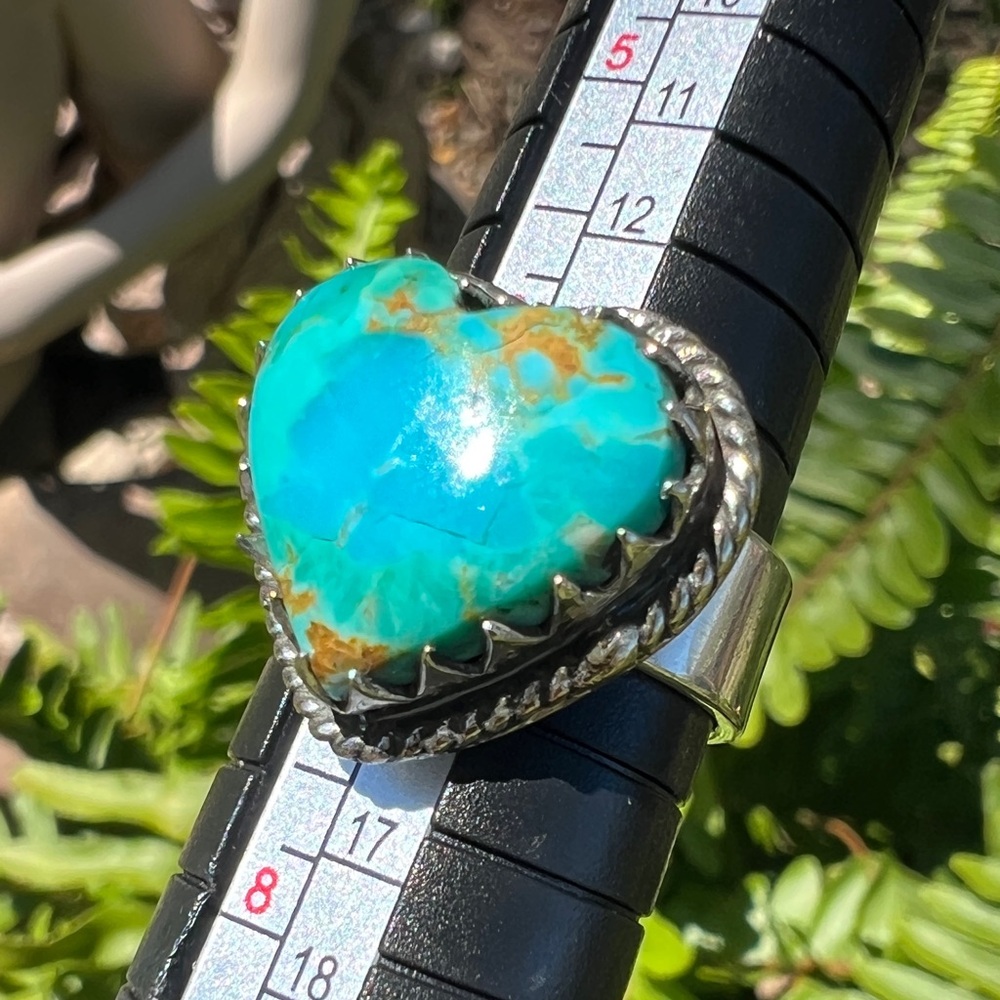Handcrafted Turquoise Heart Ring - Sterling Silver Stamped Size 6.5